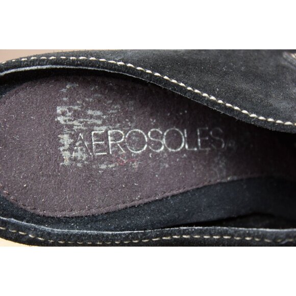 Women's Aerosoles Mules Slip On Black Leather Cinch Worm Silver Suede Uppers 6M - Picture 3 of 5